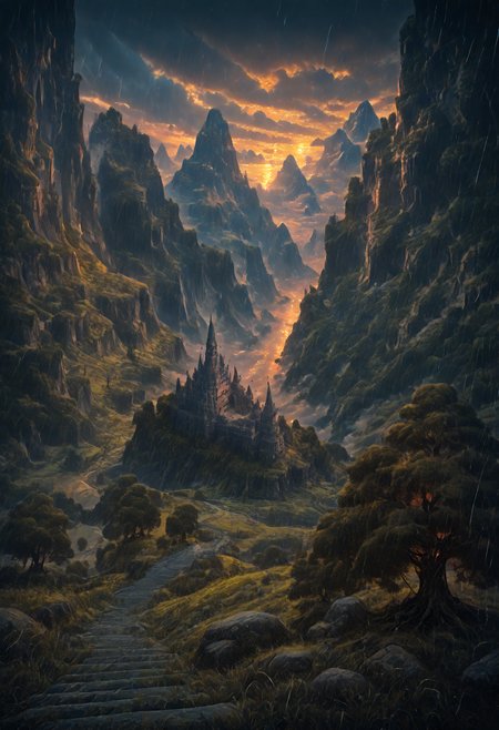 (from above:1.2), masterpiece, best quality,  stbedap, depth of field, scenery, outdoors, cloud, no humans, sky, cloudy sky, castle, grass, stairs, nature, sunset, rain, tree, mountain, Fantasy, atmospheric perspective,Landscape <lora:cfg_scale_boost:0.5> <lora:Fant5yP0ny:0.5> <lora:Nature_Realistic_illustrations-_Illustrious:0.7> <lora:S1_Dramatic_Lighting_v2:0.9>