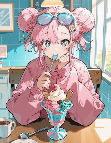 masterpiece, best quality, 1girl, upper body, sitting at a table, holding spoon, spoon in mouth, cup, ice cream, light blush, double bun, pink hair, blue eyes, asymmetrical bangs, pink sweater, indoors, oversized clothes, straight-on, hairclip, eyewear on head, glasses, sparkling eyes, smile, looking at ice cream, <lora:kafu Illustrious-XL:0.5> houtushouhuifengge, <lora:z3zz4_075:0.8>, faux traditional media,