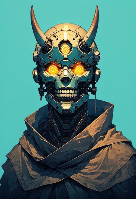 score_9, score_8_up, score_7_up, score_6_up, source_anime, lineart, B0ld01lp41nt, 
solo, 1head, forest green helmet, no humans, glowing mechanical eyes, spiral horns, oni teeth, robot, mecha, beaten brown cloak, science fiction, cyborg, mechanical parts, humanoid robot, 
science fiction, sinozick style, flat color, dark theme, Expressiveh, l0g0, simple background
