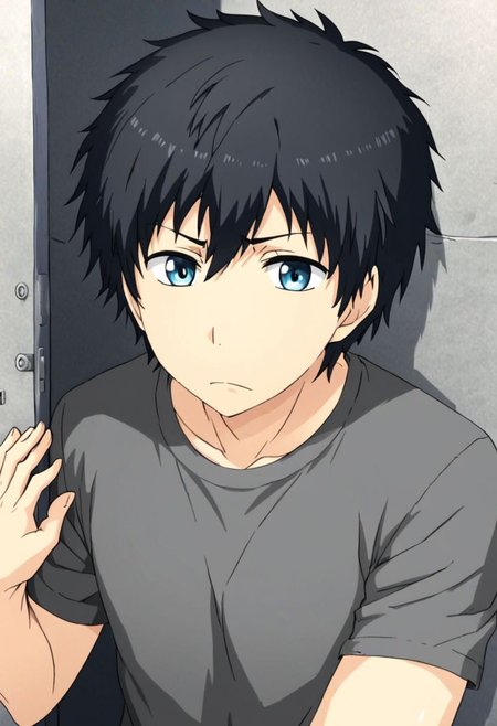 high resolution, solo, best quality, 1Boy, Arata Kaizaki, Black Hair, Blue Eyes, kabedon POV, T-Shirt, OverallDetail
