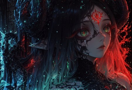 masterpiece, best quality, very aesthetic, absurdres, newest, 4ur4_illu, shiny, xxx667_illu, 15546+456868, score_9, score_8_up, score_7_up, dramatic lighting, breathtaking texture, amazing quality, (scenery, volumetric lighting), close-up, eye_focus, full face, face focus, portrait, solo, KRShamilla, 1girl, solo, pointy ears, pelvic curtain, black hair, forehead mark, elbow gloves, black gloves, dress, gradient hair, green eyes, vertical slit pupils, red pupils, very long hair, demon girl, black footwear, parted bangs, bare shoulders, demon horns, garter straps, black footwear, close-up, ultra-detailed, soft shimmer, gradient color transition, surreal dreamy gaze, hyper-realistic lighting, long delicate eyelashes, ethereal glow, fantasy aesthetic, anime digital painting, soft brush textures, ultra-high resolution ,masterpiece, best quality, amazing quality, very aesthetic, absurdres, newest, (scenery, volumetric lighting),