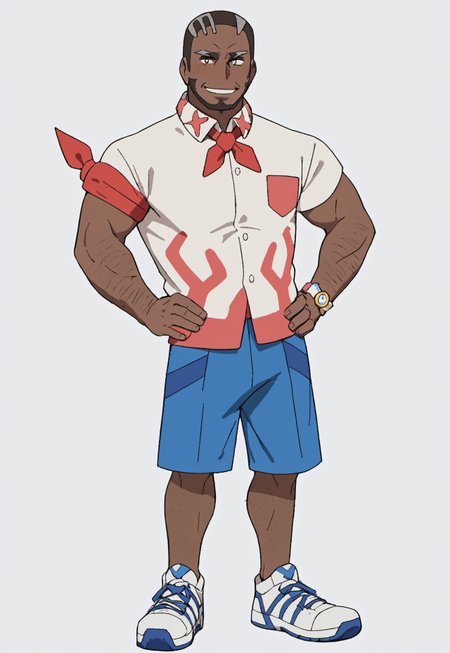 safe_pos, score_9, score_8_up, score_7_up, source_anime, rating_nsfw, ultra hd, absurdres, solo, masterpiece, best quality, best aesthetic, Expressiveh, wolfconf, 1boy

PokemonMurdock, dark-skinned male, short hair, facial hair, collared shirt, shorts, ((leg hair)), hands on hips, smiling, full body, sneakers, sea background