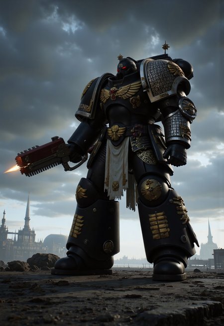 (Masterpiece, ultra-realistic, 32k, best quality, hyper-detailed, cinematic lighting, intricate textures, photorealistic, dramatic composition, immersive depth.)
Golden runes and cybernectic line decorate, Grimmdark, darktale, machanical, Elden rings. Empty space, Interstellar cosmic background.
A brutalist walking Mech, strides across a post-apocalyptic ruin Temple, fighting stance. Its massive armored frame, adorned with gilded plating, pulses with glowing cybernetic runes, blending divine authority with cold mechanical precision. Black mix Golden. 
armed with Chainsword.
On the space deck, giant Gothic-mechanical Cathedral nearby.
A dynamic wide-angle shot, with lowkey lighting, deep atmospheric contrast, and high cinematic tension, captures the monumental scale of this gothic-cybernetic war titan.