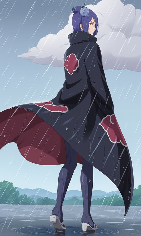 from behind,looking back, 
k0nan, 1girl, solo,orange eyes, purple eyeshadow, lip piercing,
single hair bun, short hair, hair flower,cloak, 
long sleeves, high collar, cloud print, black pantyhose, sandals, 
rain, wind, clouds, wet,
 <lora:Naruto_Konan_PXL-000012:1>