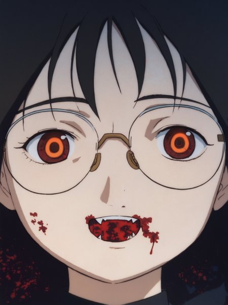 score_9, score_8_up, score_7_up, score_6_up, score_5_up, BREAK masterpiece, high quality, <lora:Yomoda_Chisa_PDXLv1.1-e97:0.7> yomoda chisa, glasses, evil smile, blush, hearts, evil red eyes, head tilt, <lora:Anzu_PDXLv0b:0.65>, black dress, black collar, death girl, gothic, blood on face, ((glowing eyes:1.4)), face only, close-up, open mouth:1.2, sharp teeth:1.4, bloodily background, ((blood on face:1.4)), black hair, cute