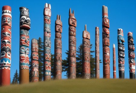 a photograph from the ground, pointing up of  beautifully decorated, intricately carved, beautifully painted, wooden totem poles, native American art, with various totem animals, hares, bears, eagles, and other native american animals, stands on a beautiful natural background with land, water, sky and nature present, a realistic, breathtaking tall, wooden totem, nature, natural, absurdres, breathtaking, OverallDetailX, pop Tlingit totem pole, Archi Sculpture Photography