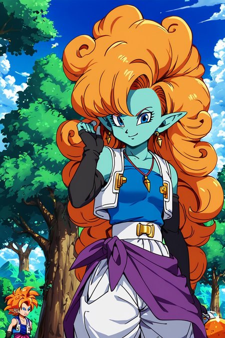 score_9, score_8_up, score_8, medium breasts, (curvy), cute, eyelashes,       BREAK, ,  zZangya, blue eyes, blue skin, pointy ears, orange hair, curly hair, long hair, big hair,  jewelry, necklace, detached sleeves, bare shoulders, vest, gloves, white baggy pants, <lora:Zangya_Dragonball_PDXL:0.8>, , BREAK, smile, looking at viewer, cowboy shot, ,,, outdoors, sky, day, cloud, tree, blue sky, sunny,  ,,, Expressiveh, ,,, <lora:Alola_Style_PDXL:0.8>, <lora:Expressive_H-000001:0.4>,