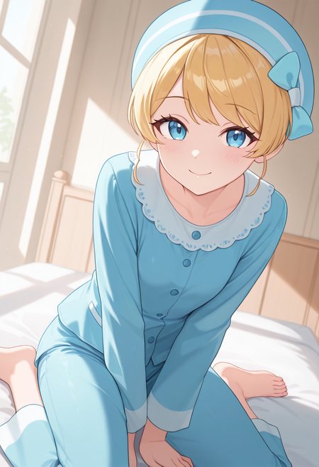 1girl,solo,<lora:licail:0.9>,licappn,blue eyes,blonde hair,short hair,hat,bow,blue headwear,pajamas,buttons,looking_at_viewer,cowboy_shot,dynamic_angle,day,bedroom,smile,masterpiece,best quality,good quality,newest,incredibly absurdres,leaning_forward,sitting,wariza,barefoot,