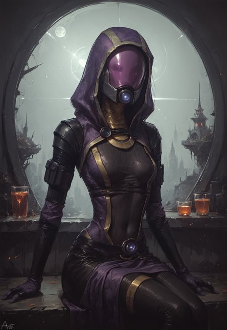 ((zPDXL3)), ((zPDXLxxx)), (score_9), score_8_up, score_7_up, score_6_up, score_5_up, score_4_up, BREAK, 1girl, solo, source_furry, by aqe, tali, tali'zorah, alien, alien humanoid, humanoid, quarian, 3 fingers, armor, black clothing, bodysuit, clothed, clothing, female, fingers, headgear, helmet, hood, not furry, eyeless, detailed background, spacecraft, skinsuit, solo, tight clothing, hand on hip, pose, pose, cute pose, pinup, wide hips, medium breasts, <lora:talizorah_pdxl_:1>, spaceship, sitting, supermodel , slim, ab_crack, thighhighs, armlet, linea alba, teardrop breasts, 
<lora:d4rk01lXLP:0.55>
