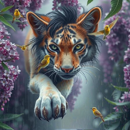 photorealistic, realistic, enchanted wild forest, lilacs fall rain, fir tree paws quivering in balance, birds chirping anxiously
