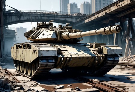 (medium full shot) of (intimidating compact digital-camo tank) with ceramic armor, diesel, reinforced turret, antenna arrays, set in  a damaged bridge, with sections missing and makeshift repairs, the tank crossing with care, ,Masterpiece,best quality, raw photo, realistic, very aesthetic