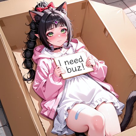 score_9, score_8_up, score_7_up, score_6_up, anime, beautiful, stunning, masterpiece, best quality, amazing quality,

shadowheart (baldur's gate), elf, long hair, green eyes, black hair, pointy ears, multi-tied hair,

need_buzz, holding sign

1girl, animal ears, tail, in container, cat ears, cat tail, cat girl, animal ear fluff, open clothes, box, solo, x hair ornament, jacket, in box, long hair, pink jacket, cardboard box, hood, hood down, open jacket, bow, hair bow, hair ornament, blush, white shirt, long sleeves, choker, lying, shirt, frills, hooded jacket, on back, ahoge, bandaid, looking at viewer, black choker, closed mouth, bandaid on leg, sign, red bow, dress, feet out of frame, sleeves past wrists













