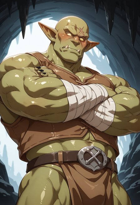 solo, male focus, masterpiece, absurdres, very aesthetic, ultra-detailed, amazing quality, masculine face, mature male, 
1boy, goblin, Green Skin, Yellow eyes, blank eyes, no pupils, black nails, sharp nails, pointy nose, tlarger men, Big body, broad shoulders, scar on cheek, cross scar, huge pointy ears, underbite, fangs, huge muscles, bara, huge biceps, huge pectorals, abs, closed mouth, frown, looking at viewer, bald, shiny skin, arm wraps, crossed arms, leather vest, sleeveless, blush, blushing, loincloth, belt, from below, looking down, low-angle view, 
BREAK 
upper body, half-length portrait, perfect lighting, cave, backlighting, 
score_9, score_8_up, score_7_up, WaiIL25PosC, k0n0hanaya