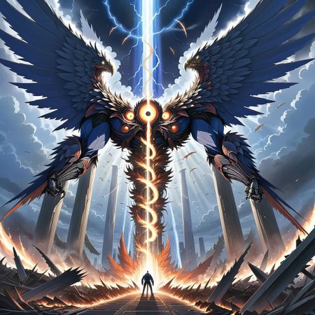 a terrifying monstrosity with many wings and multiple heads surrounded by halos unleashes a pillar of light causing massive destruction,anime,art by makoto shinkai