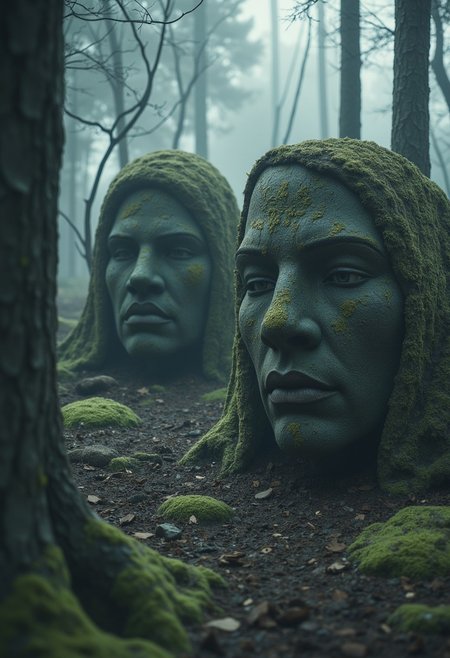 Score_9,Score_8,Score_7, Narnia, mysticism, fantasy, HD, ultra detailed, high resolution, foggy, an eary place, in a forest a warrior comes across these two stone faces, the stone faces look realistic, they are distinct and different, the two stone faces from the