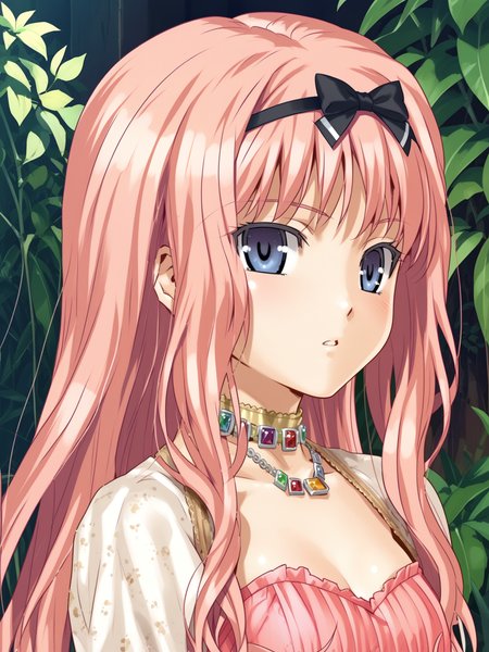 <lora:happy_tentacle-cecile-v0.1-000039:0.9>, ht_cecile, pink dress, layered dress, necklace , 1girl, solo, upper body , , ( surprised :1), , looking at viewer , standing , from side , score_9, score_8_up, score_7_up, score_6_up, score_5_up, score_4_up