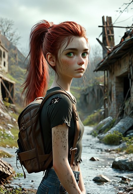 score_9, score_8_up, score_7_up,  1woman,  Masterpiece, 4k, ultra high detail, 21yo, small_breast_size, long red ponytail hair, fcNeg, stunning green eyes, freckles, white skin, small nose, innocent beauty, slim cute face,  skinny body, red hair, adult woman, 
Alerted look, dry tears, dirty clothes, dirty face, 
 particles, 
Dark sky with stormclouds, ash, falling Ash like dark snow, ruins, wasteland, cityruins, lightly torn dark gamer_shirt, heavy_torn_dirty_skinny_jeans, dirty_clothes, used_camping_backpack,
Meeting the Apes, Caesar1024, 
End of the World, 
negative_hand, NightScapes, ng_deepnegative_v1_75t, green eyes, perfecteyes,