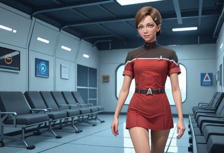 score_9, score_8_up, score_7_up, source_anime, (laughing:0.7), happy, dynamic pose, dynamic angle, walking, facing another, 
BREAK
<lora:KaraDBH:0.8> 1girl, short hair, brown hair, hair bun, single hair bun, blue eyes, lips, small breasts, (slim hips:1.1), (skinny:1.2), slender, athletic,
BREAK
<lora:STTLPony:1> sttldunf  star trek black and red uniform, red dress, bare legs, (black belt:1.2), short sleeves, (knees:1.1), no pants, 
BREAK
<lora:zy_Detailed_Backgrounds_v1:1>, indoors,  hangar, polished floor, science fiction, spacecraft interior, chair,
BREAK
volumetric lighting, depth of field, cinematic, vibrant, shadows, detailed, high contrast,âââ <lora:vivid_everclear:0.3>,âââ