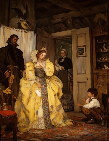 UHD, 8K, ultra detailed, a cinematic photograph of Rembrandt style <lora:kochergin:1>, This is a highly detailed, realistic oil painting by German artist Max Liebermann, titled "The Snow Queen." The painting depicts a scene from the fairy tale "The Snow Queen" by Hans Christian Andersen. The central figure is a young woman dressed in a voluminous, yellow gown with a dark blue bodice and puffy sleeves. Her hair is styled in a loose, wavy fashion, and she wears red high-heeled shoes. Surrounding her are three other figures: a man, a woman, and a boy. The man, standing to the left, has a serious expression and wears a brown coat and trousers. The woman, standing slightly behind the man, has a neutral expression and is dressed in a dark brown dress with a white apron. The boy, standing to the right, has a curious expression and is dressed in a white shirt with brown trousers and a vest., 
The setting appears to be a rustic, wooden interior with a wooden ceiling and beams. The walls are adorned with a bird sculpture and a small, framed painting. In the background, there is a wooden shelf with various small, wooden toys. The lighting is warm, casting soft shadows that enhance the texture and depth of the scene. The painting captures a moment of stillness and contempl . Baroque, chiaroscuro, realistic, emotional, "flat lighting, beautiful lighting, great composition