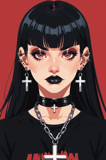 1girl, black  jewelry, solo, red eyes, goth fashion, red background, black hair, earrings, long hair, cross, makeup, looking at viewer, necklace, cross earrings, simple background, piercing, collar, blunt bangs, ear piercing, fishnet top, eyeshadow, choker, closed mouth, cross necklace, lipstick, black shirt, fishnets, portrait, red  upper body, , black choker, lip piercing,  , chain, eyeliner, shirt, eyelashes, hime cut, chain necklace,, zPDXL3,  PnyCmicXLPOS, detailxl,  (lineless, vector art:1.5)