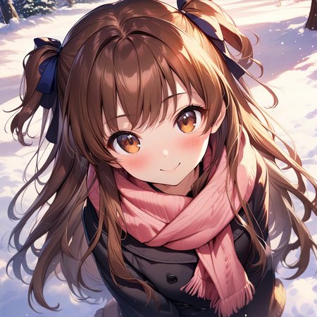 (masterpiece),(best quality),(ultra-detailed),(best illustration),(best shadow),(absurdres),(detailed background),(very aesthetic), rina_ogata, 1girl, solo, brown hair, scarf, snow, long hair, smile, blush, two side up, brown eyes, ribbon, looking at viewer, tree, hair ribbon, snowing<lora:XL-RinaOgata:1>