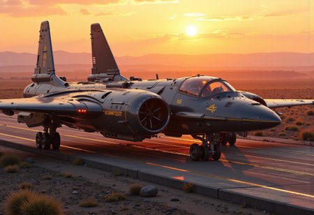 in the style of ck-mgs, A digital artwork in the style of cknc, a_skynet_cyberdyne_craft, the image is featuring several futuristic, Wide view, high angle looking down countryside landscape downsideshot, futuristic, Sci-fi cinematic scene.  highly advanced stealth planes parked on a large military airfield, with a fuselage made of a dark gunmetal alloy and the cockpit shows glowing led lights, and is covered in intricate neon yellow electrical circuitry; the engines have large air intakes; the airfield is on a lush planet, and contains intricate cyberdyne towers and structures, sunset, vivid sky with Yello mix violetta light hue. Twin body Giant plane, Armored  Airfortress flying through, The twin fuselage, forged from dark gunmetal alloy.  The twin wingspan propellers, with guns. wandering through, Golden runes and cybernectic line decorate, Grimmdark, mechanical. (Ultra-realistic, 32k, Masterpiece, High Quality, Detailed Realistic Background, Official Art, Realistic Lighting, filmfotos, film grain, reversal film photography).