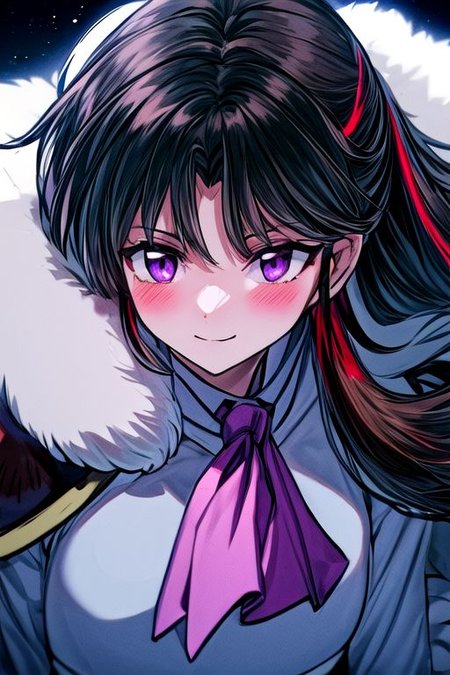 masterpiece,  best quality 1girl Setsun4 solo long hair,  (night time) forest background black hair very long hair purple eyes multicolored hair armor (fur trim) (medium body),<lora:EMS-179-EMS:0.800000>,<lora:EMS-293862-EMS:0.800000> bow, hair_bow, hair_tubes, red_bow, brown_hair, long_hair, bangs, ascot, frilled_bow, yellow_ascot, blush, smile, hair_between_eyes, athletic, armor