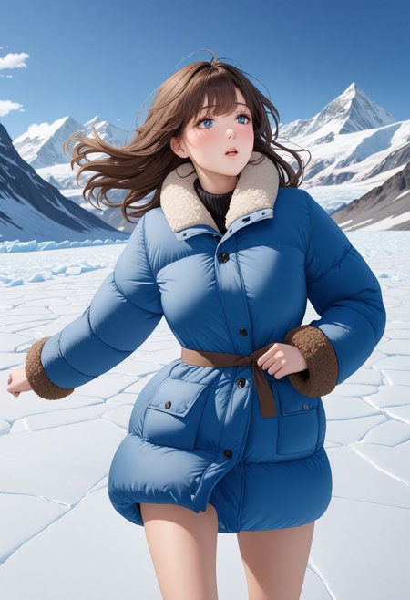 ((((masterpiece)))), ((((best quality)))), ((intricate details)), (photorealistic)))), RAW, 8K UHD, (1girl), (office lady), a realistic representation of the face, detailed face, beautiful face, charming, bonny, (erotic face), (long messy brown hair), (blue eyes), ((((Oversized sherpa padded down coat)))), ((walking on icefield)), (cold), dynamic pose, (((blush))), (heavy breathing), ((feels orgasm)), wind, (Thick padded collar:1.4), (TSH:1.4), (Thick padded cuffs:1.4)