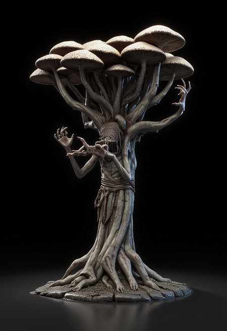 obscure mushroom trees with roots made out of multiple hands and fingers crawling on the ground
Set against a solid dark black color background to emphasize its unnatural form that emphasizes its silhouette. 
The medium is not a traditional painting or illustrative medium like watercolor or ink but rather a digital 3D rendering. MikeFranchinastyle, bbstyle,, horror theme, ZBClay model of a gray sculpture, zbrush, d4arks0uls, overcast lighting, jedioutfit