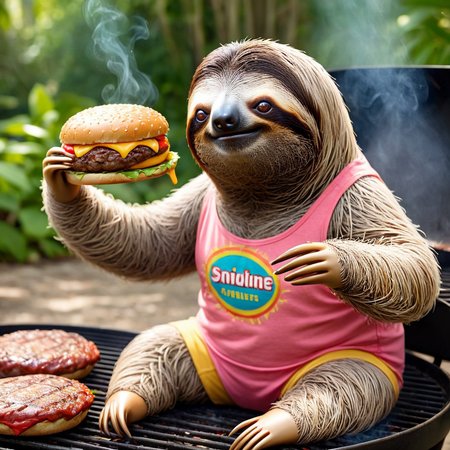 <lora:sl0th-000007:0.7> , sloth wearing tank top shorts and sandals, proudly grilling burger patties