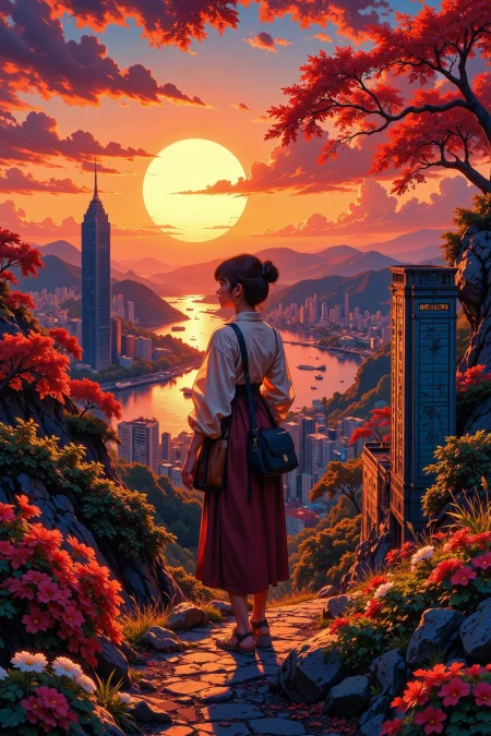 Hong Konger beautiful  landscape, sunset, woman, very intricate, very detailed, sharp, bright, colorful, <lora:Hand v2:0.5> <lora:Anti-Blur:1><lora:Insane Detail Slider:0.25>  <lora:flux.1_lora_flyway_Epic-detail_v2:0.3> <lora:fluxenhancer:0.25>  <lora:Anime art - Variant 1:1>