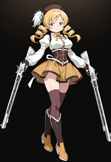 masterpiece, best quality, amazing quality, very aesthetic, absurdres, newest,shiny skin,, anime screenshot, xdive, anime coloring, black background, solo, full body, tomoe mami, yellow eyes, drill hair, twin drills, twintails, long hair, very long hair, blonde hair, hair ornament, breasts, large breasts, magical girl, brown hat, beret, corset, detached sleeves, puffy sleeves, gloves, ribbon, bow, bowtie, yellow ribbon, miniskirt, pleated skirt, yellow skirt, zettai ryouiki, vertical-striped clothes, vertical-striped thighhighs, brown thighhighs, Musket, standing