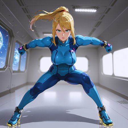 takeda hiromitsu style, source_anime, anime screencap, uncensored, dynamic angle, dynamic view, takeda hiromitsu style, dynamic pose, foreshortening, extreme perspective,
sole female, solo, 1girl, samus aran, blonde hair, swept bangs, long hair, ponytail, mole under left lip, turquoise eyes, zero suite, blue body suit, blue gloves, metal bracelets, sagging breasts, medium breasts, skintight, fully dressed, action pose, dynamic pose, determined, superhero landing, dynamic pose, holding gun, complex background, detailed background, inside giant spacecraft, outer space in window, multiple galaxies in the background, giant view of space, giant window with a view of space, view of planets, view of stars, depth of field, blurry background, volumetric lighting, back lighting, side lighting, 3 point lighting, reflective floor, glossy floor, reflective interior,
<lora:takeda_hiromitsu_style_xl_goofy:1.0>, <lora:DynamicPose_alpha1.0_rank4_noxattn_100steps:3.0>, <lora:Superhero_landing:0.5>