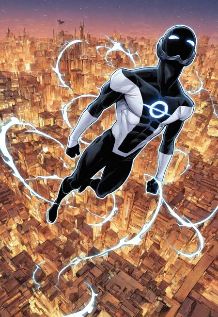 masterpiece, best quality, amazing quality, very aesthetic, absurdres, newest, detailed background, ra3iant, 1boy, (solo:1.2), bodysuit, black bodysuit, white bodysuit, mask, gloves, boots, flying, outline, aura, city