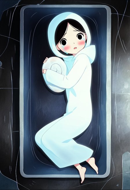 zPDXL3, source_cartoon, Perfect Hands, full body,
1girl, solo, under the sea, looking at viewer, saoirse, black hair, black eyes, blush, ghost, hood up, robe, barefoot, glowing, lying under the sea, from above, lying on side, facing at viewer, feeling cold, eyes open, crying sadly, open mouth, sleeve past wrist, slim body, long body, highlight cloth wrinkle, anime style, seals nearby, playing shell,
<lora:Perfect Hands:1>  <lora:Saoirse_-_The_Song_of_the_Sea-000009:1>