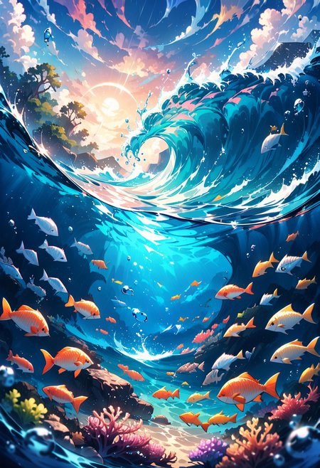 masterpiece, best quality, high quality, intricate, absurdres, very aesthetic, 
no humans, landscape, outdoors, 
zavy-ndrwtr, split frame, water edge, underwater, crashing wave,
ocean, intricate aquatic background, waves, raging ocean, storm, bubbles, water droplets, rain, rainbow, fish, water magic, sparking water,
ultra wide angle shot, cinematic style, highly detailed, extremely detailed, sharp detail, majestic, shallow depth of field, movie still, soft light, circular polarizer, colorful, wallpaper, professional illustration, anime