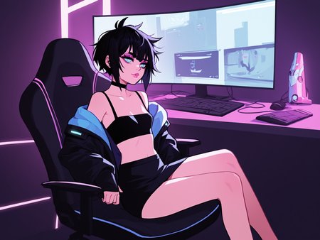 score_9, score_8_up, score_7_up, score_6_up, score_5_up, score_4_up, rating_safe,
BREAK
girl with black hair, short hair, messy hair, tomboy, light blue eyes, pink lips, pink eyeshadow,
BREAK
solo, sitting, black tube top, black microskirt, black crop top jacket, black choker, small breasts, groin, bare legs, skinny,
BREAK
bedroom, dark, cyberpunk, neon, computer, gaming chair, <lora:Lunas-AsteroidIll-SDXL-A1:1>