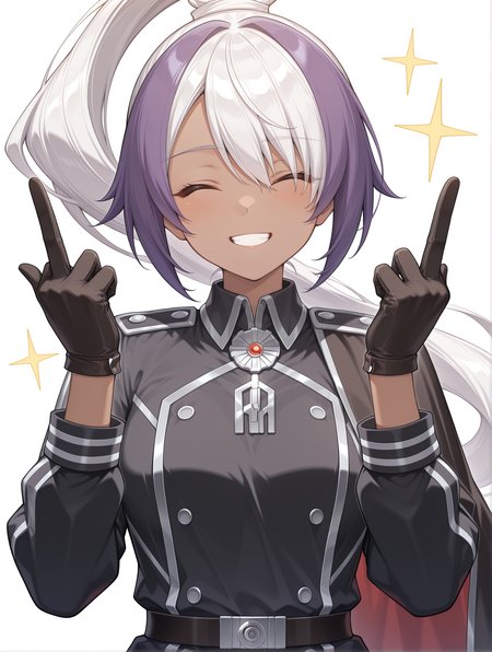 1girl,solo,smile,closed eyes,,white background,grin,silver medal,facing viewer,upper body,high ponytail,hands up,simple background,parody,sky striker ace - azalea,black gloves,left side cape,black military uniform,two-tone hair,white hair,purple hair,dark-skinned female,hands_up,double middle finger,
masterpiece,best quality,amazing quality,very aesthetic,absurdres,newest,<lora:sky striker ace - camellia and azalea illusXL v2:0.75>,