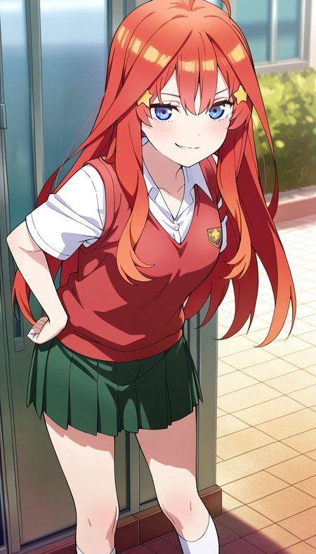 masterpiece, best quality, very aesthetic, absurdres,
solo, 1girl,

itsuki, blue eyes, hair between eyes, red hair, long hair, star hair ornament,

smirk,

skirt, shirt, school uniform, collarbone, white shirt, short sleeves, pleated skirt, socks, collared shirt, miniskirt, kneehighs, white socks, green skirt, sweater vest, red sweater vest,

outside,
