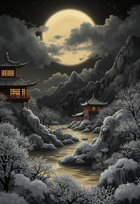 Embark on a minimalistic journey to an ethereal world, where stark contrasts of light and shadow elegantly merge with Chinese architectures intricate lines. A serene atmosphere permeates this black-and-gold landscape, shaped by delicate frostbite yet hinting at hidden warmth beneath layers of icy mist.  Intricate forms of ancient architecture emerge like silhouettes in the moonlit fog, refined through simplicity and balanceâsymbolizing timeless elegance intertwined with the unyielding forces of nature. Gold tones gracefully highlight architectural details, inviting contemplation on harmony within contrasts.  Each line is drawn with precision to express beauty through minimal elements, delicate strokes hint at complexity beneath their apparent simplicity. Negative spaces surrounding these forms serve as quiet whispers inviting the viewer into this enigmatic wintry paradox, where balance teeters between lifes extremities.  Let create this sparse yet evocative tableauâa minimalistic ode to the subtle beauty found in the cold embrace of a winter night, illuminated by moonlights ephemeral glow. Here, simplicity meets sophistication in an enchanting dance of light and shadowâa monochromatic masterpiece capturing the essence of harmonious coexistence between Chinese tradition and the frozen wilderness.  In this world of minimalist abstraction, darkness serves as both muse and constraintâshaping forms with its mysterious presence while leaving space for imagination to flourish amidst its vastness. Amidst its cold vastness, ancient treasures stand resilientâa testament to enduring beauty found in unexpected places.  Allow yourself to be drawn into this enigmatic world of shadows and light, guided by masterful brushwork. Discover the haunting beauty hidden within minimalistic lines as they create intricate stories on the blank canvas of winterâan entrancing dance between darkness and gold, between tradition and wilderness, captivating all who dare venture into its surreal embrace. ,<lora:flux/fav/Dark_whimsical_art.safetensors:1.0:1.0>