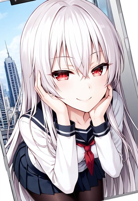 safe_pos, absurdres, source_anime, solo, dutch_angle, out-of-frame_censoring, polaroid, photo, picture, looking at viewer, leaning, hair_between_eyes, :3, smile, white hair, very long hair, long bangs, hair_over_face, hand on face, face focus, detailed eyes, small breast, city,, skirt, shirt, school uniform, black pantyhose, half-closed eyes, smug, red eyes