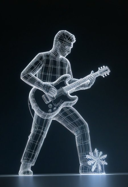 civitametapunkSDXL, Wireframe model of a musician playing a guitar on a stage with concert lights, snowflake