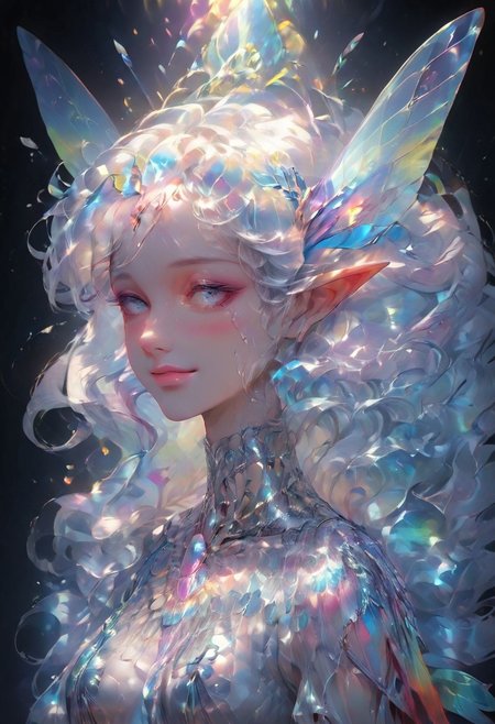 zPDXLxxx ((score_9, score_8_up, score_7_up)), masterpiece, perfect anatomy, perfect face, 1r1d3sc3nc3, liquid marble, 1girl, solo, fairy queen BREAK long hair, pale hair, elfin ears, pointy ears, long ears, pale skin, rainbow eyes, medium breasts, lean body, smooth skin, pink lips, iridescent wings BREAK fairy dress, iridescent dress BREAK ((fantasy marble hall)), detailed background, smile, blush, one hand on cheek