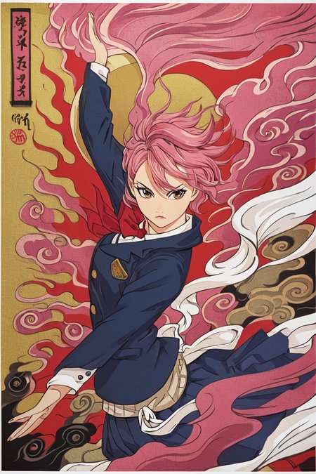 score_9, score_8_up, score_7_up, score_6_up, score_5_up, score_4_up, <lora:shiratori_aira_pony:0.8> , shiratori aira dandadan, short hair, pink hair, brown eyes, school uniform, red bow, skirt, sleeves past wrists, <lora:traditional_Japanese_art:1>,  traditional japanese art, 1girl, solo, alone, fighting stance, masterpiece, highres