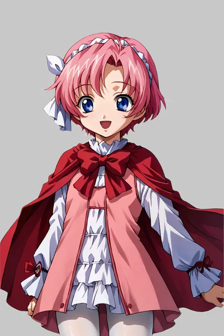 score_9, score_8_up, score_7_up, source_anime BREAK 1girl, solo, kg_viora, 1990s\(style)\, kawaii, dress, frills, red cape, red bowtie, white pantyhose, pink hair, short hair, hairband, hair ribbon, blue eyes, looking at you, smile, open mouth, cowboy shot, simple background <lora:kg_viola:1>