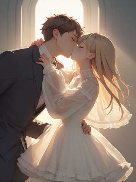 score_9, score_8_up, score_7_up, score_6_up, source_anime, <lora:cutesy_dress_v0.2-pony:1> 
1girl, brown hair, blonde hair, 
white dress, frilled dress, sleeves past wrists, see-through,
1boy, suit, backlighting, kiss,sunlight,