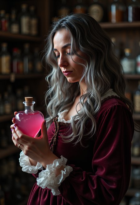 a woman in medieval clothes stands in a dusty apothecary, she holds a love potion in a pink heart shaped bottle, and is reading its label. she has long wavy grey hairs. Chiaroscuro Lighting Style, sony_a7III professional style photo, partially covered in shadows <lora:Sony_a7_III:1> <lora:Chiaroscuro_Lighting_Style_v1:1.14>