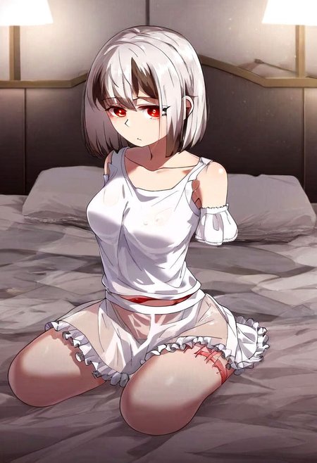 brunette girl amputee with white hair, red eyes in anime style, both arms amputated, amputed rigth and left hand, amputed left arm, amputed rigth arm,amputed left leg, armlees amputee, wearing white t-shirt,short see-through skirt, seated on a bed.