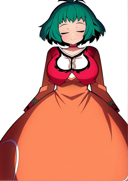 <lora:mangmoongming:1>,1girl, farah oersted, huge breasts, anniversary, choker, closed eyes, closed mouth, copyright name, dress, green hair, long hair, orange dress, red choker, short hair, smile, solo,