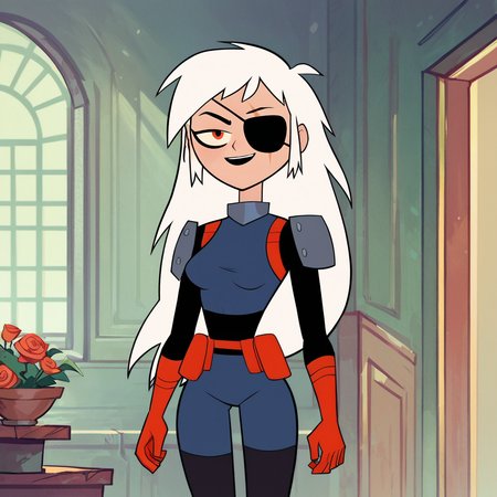 score_9, score_8_up, score_7_up, 1girl, Rose, white hair, long hair, eyepatch, orange eyes, scar on face, medium breasts, narrow waist, wide hips, looking at viewer, highres, high quality, masterpiece, <lora:Rose_Wilson:1>